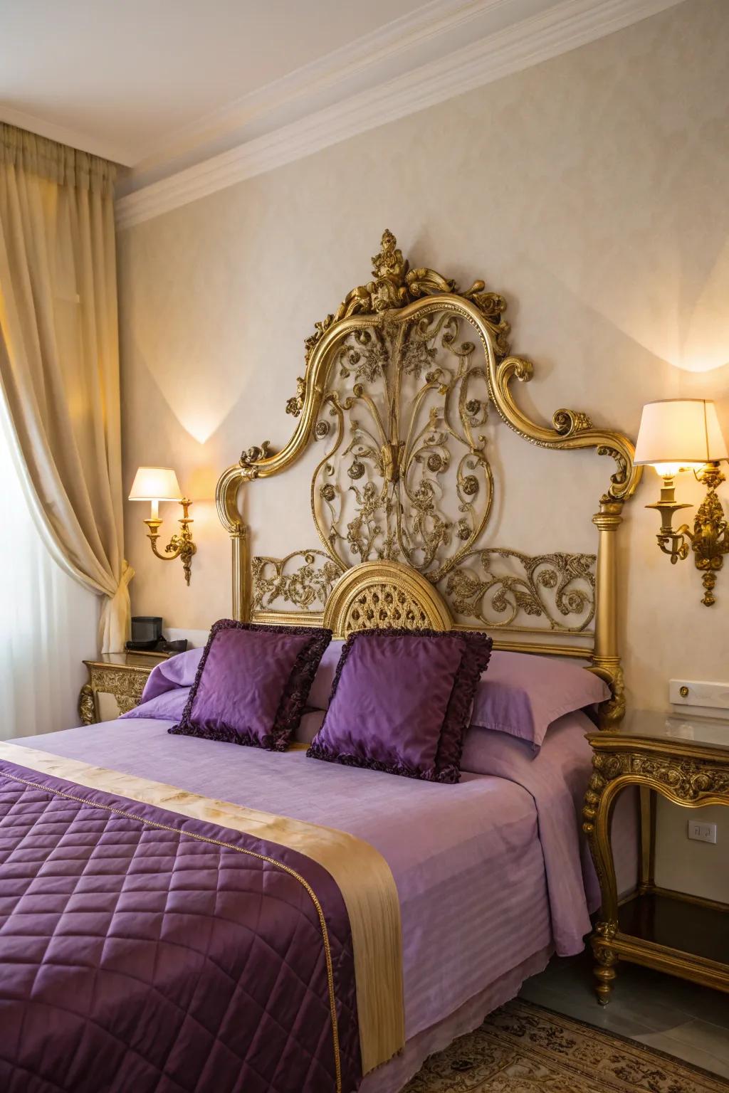 An elaborate gold headboard introduces drama and class to your bedroom.