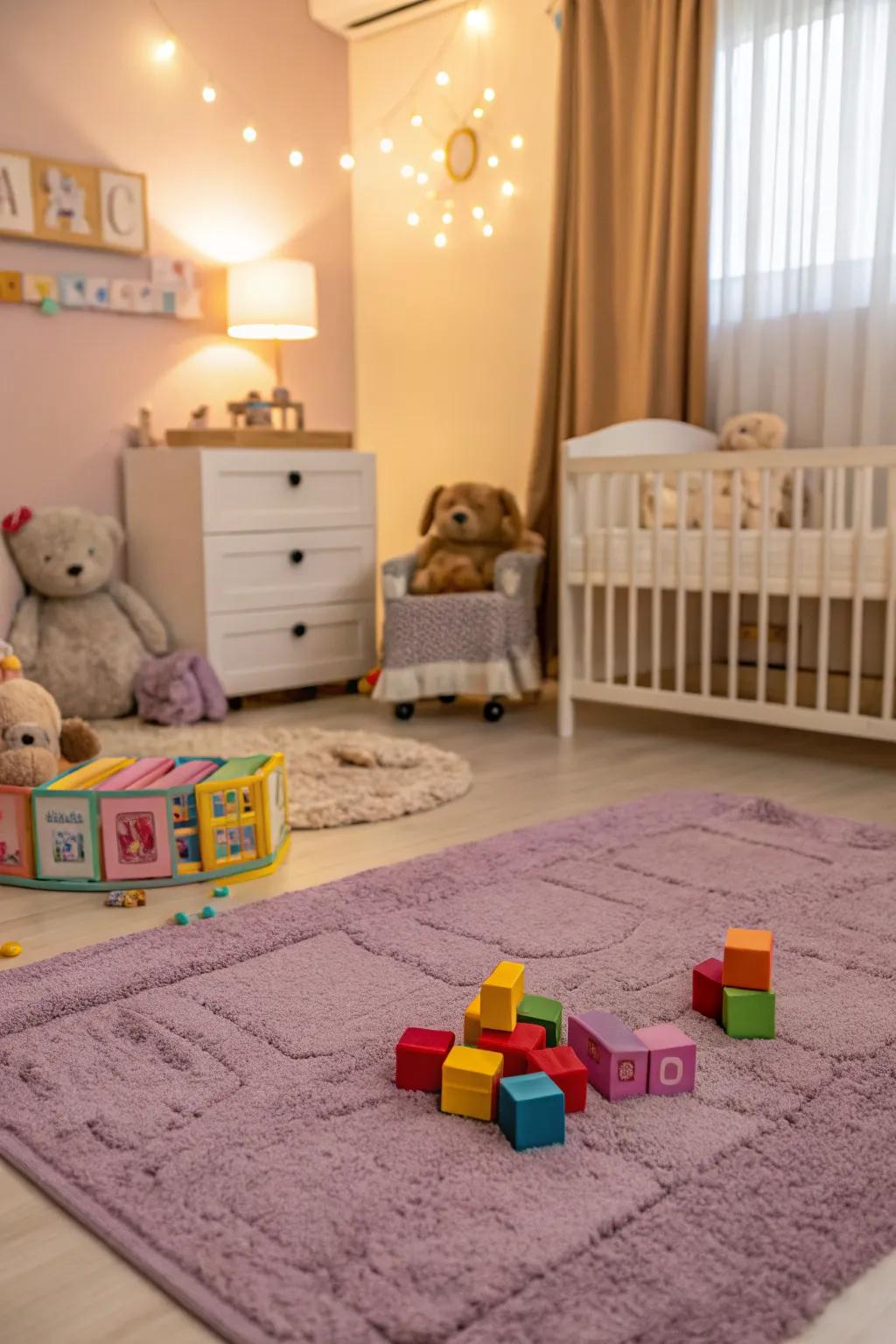 A gentle purple floor covering creates a cozy play space.