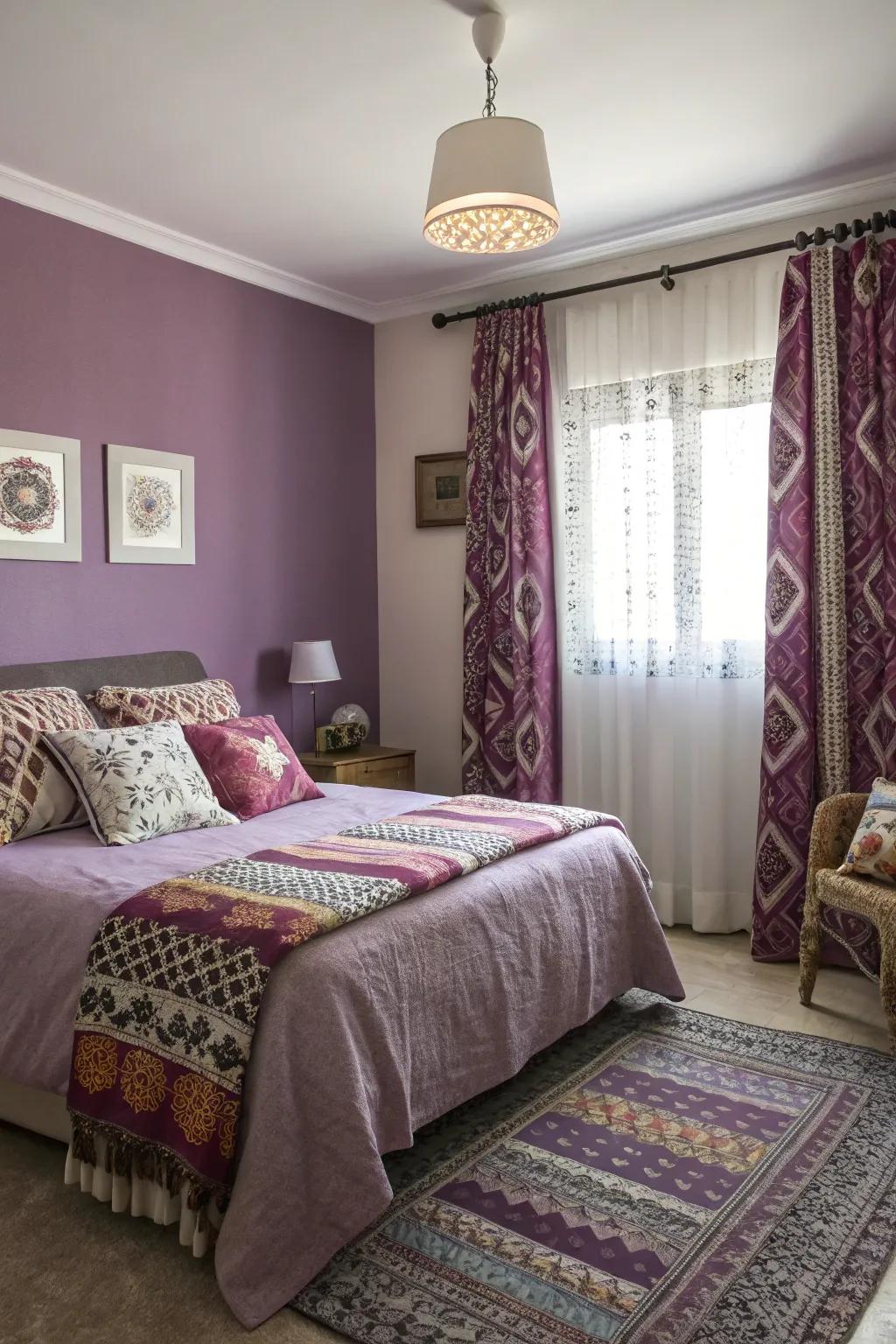 A pattern variety creating a vibrant atmosphere with purple walls.