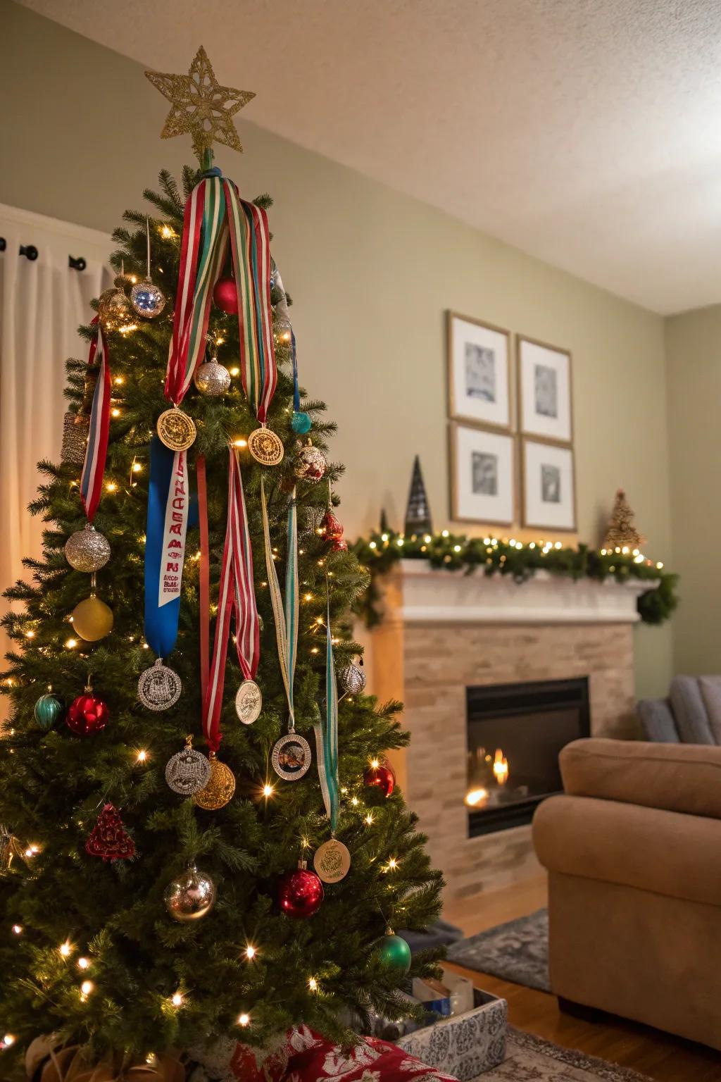 A festive holiday tree beautifully adorned with race medals.