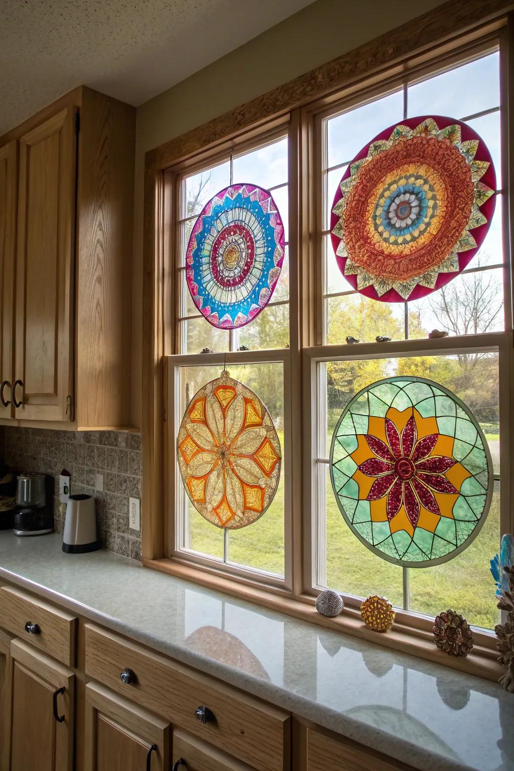 A kitchen window improved by a vibrant piece of radial glass artwork.