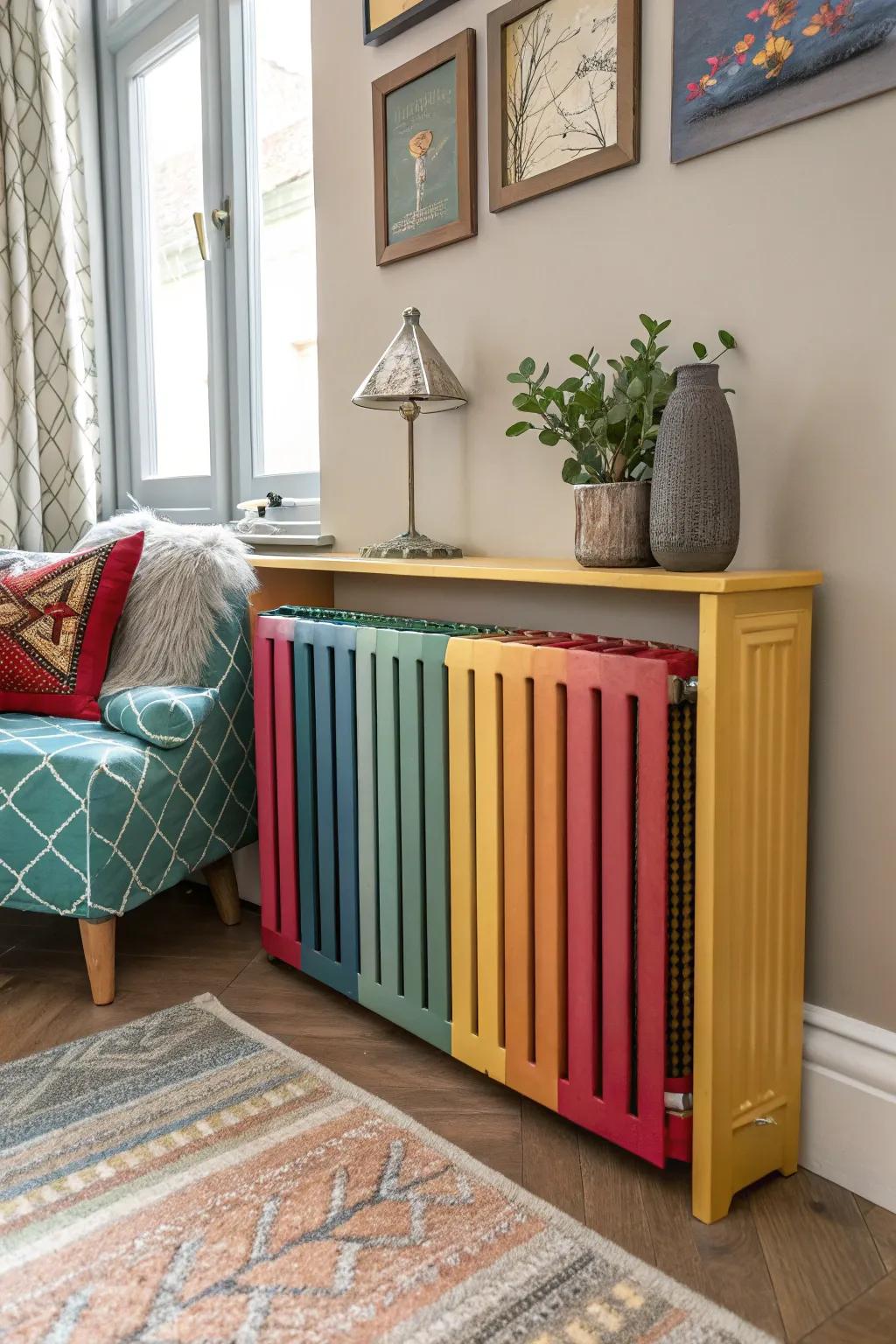 A radiator shield with vibrant colors complements the room's décor.