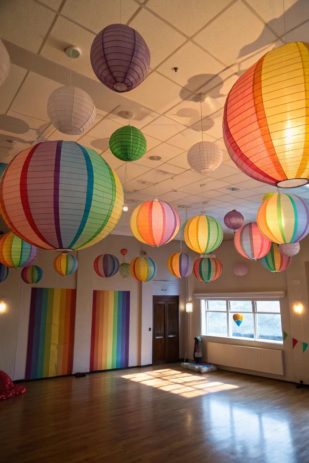 A festive space embellished with vibrant spectrum paper globes.