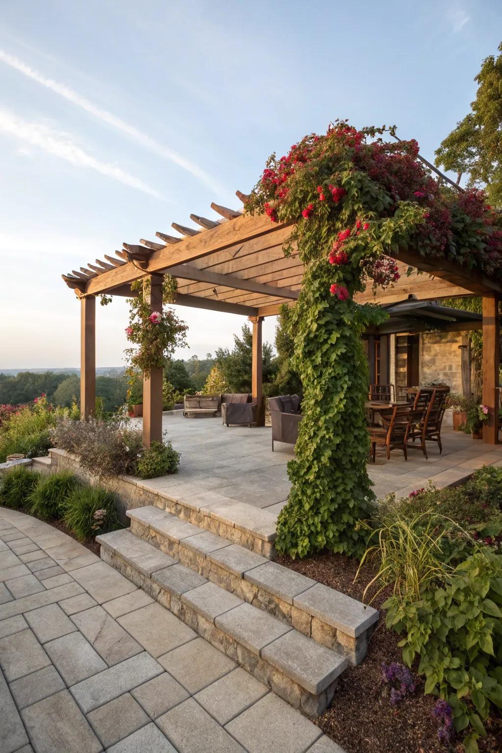 A pergola offers shade and a touch of elegance.