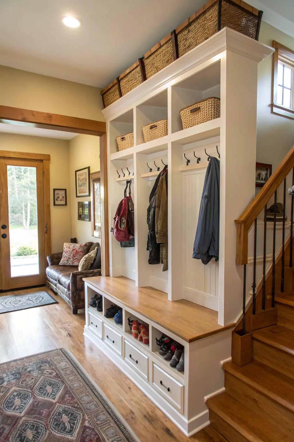 Hooks and cubbies offer great storage for a tidy entryway.