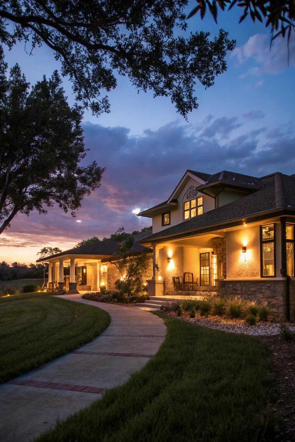 Exterior lighting enhances safety and emphasizes architectural beauty.
