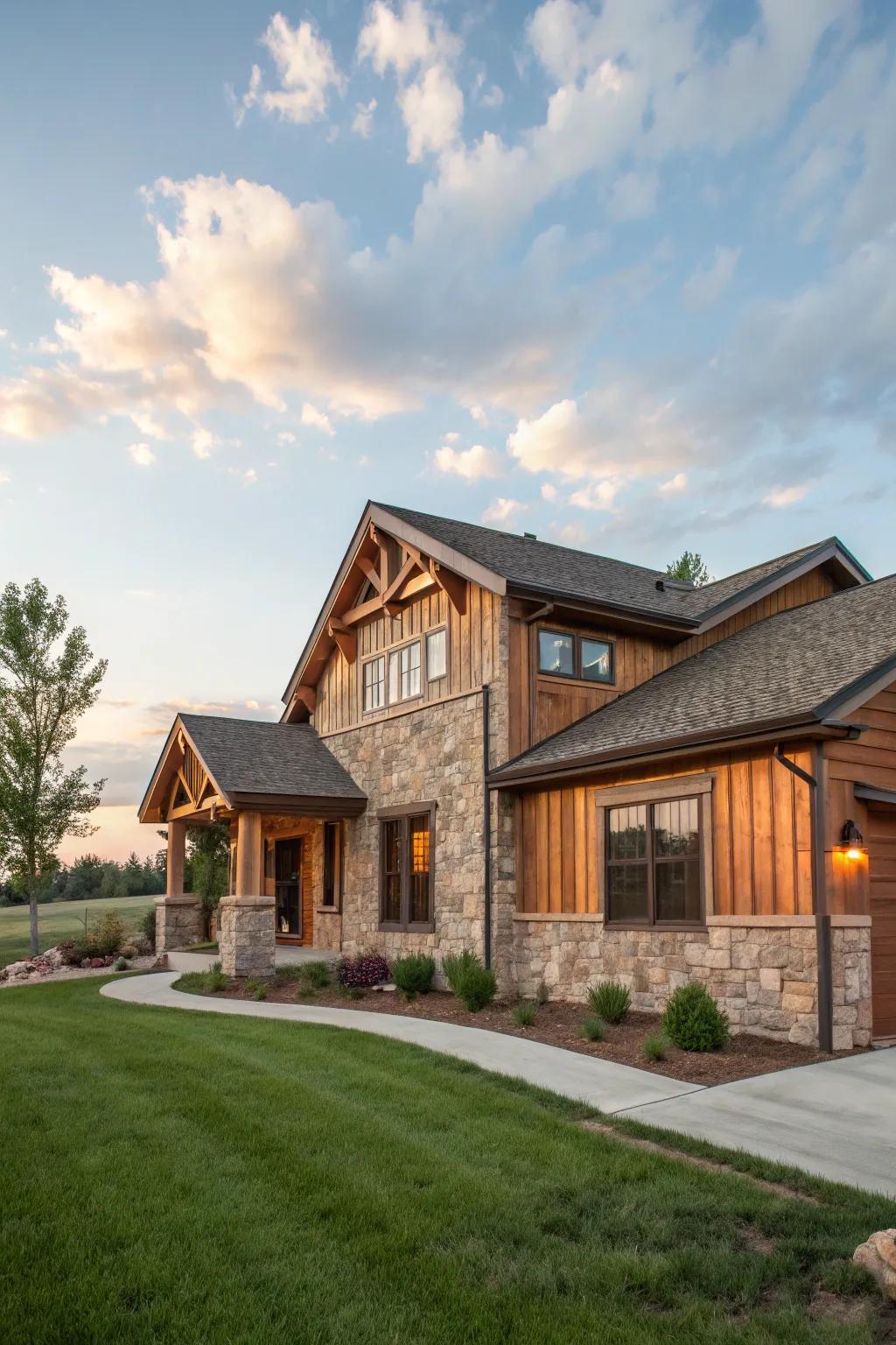 Assorted materials of stone and timber create a unique visual appeal on this ranch house.