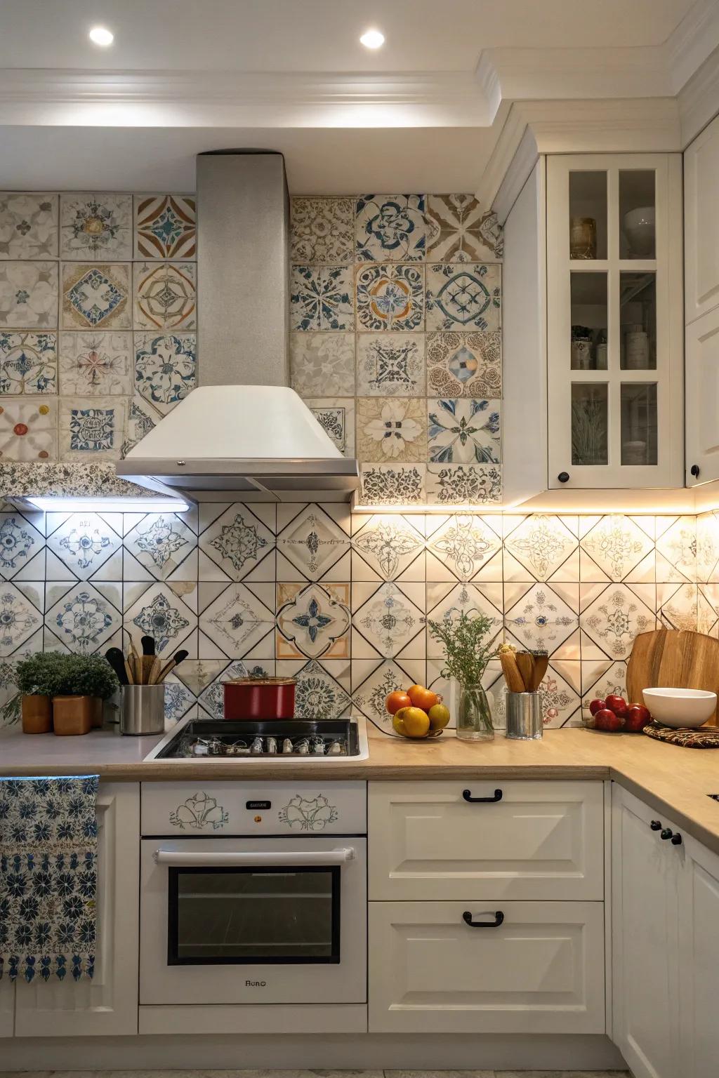 Kitchen showcasing a patterned tile backsplash that adds character to a simple range hood.