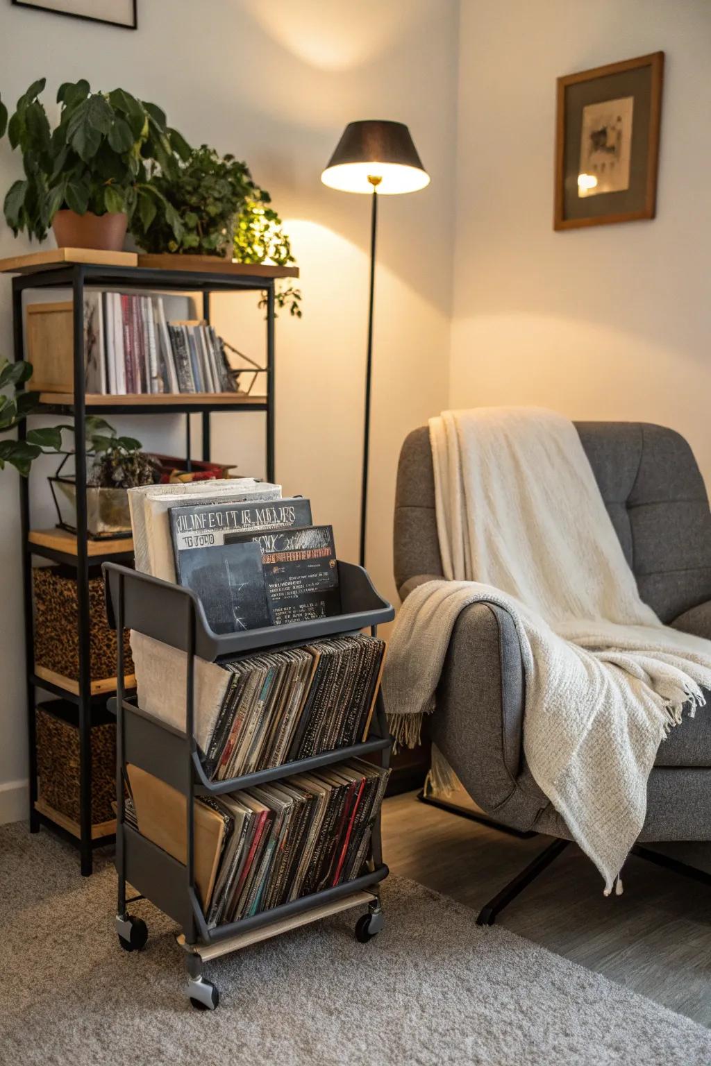 A portable trolley keeps your vinyl array adaptable and obtainable.