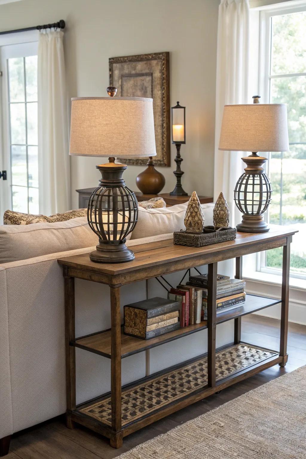 Console tables bring utility and style behind sofas.