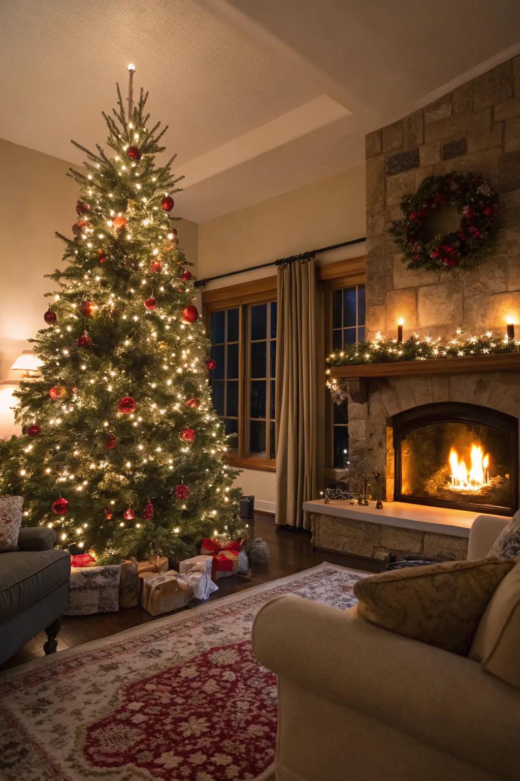 A Christmas tree nestled in snug surroundings.