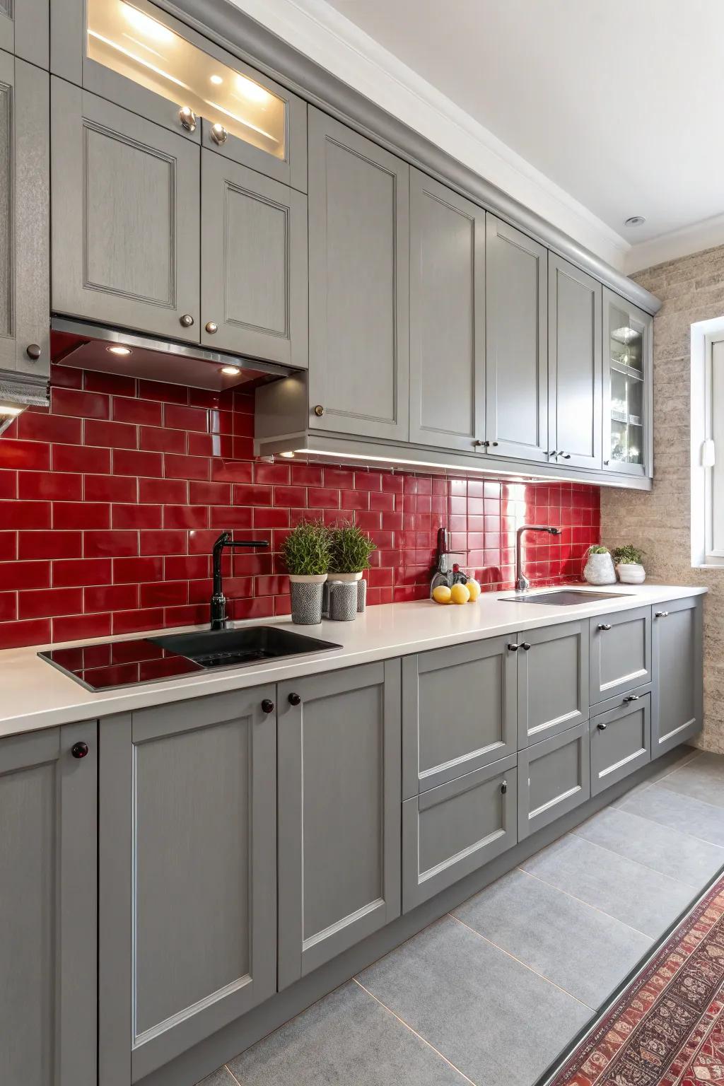 A culinary space featuring ash cabinetry enhanced by a scarlet backsplash.