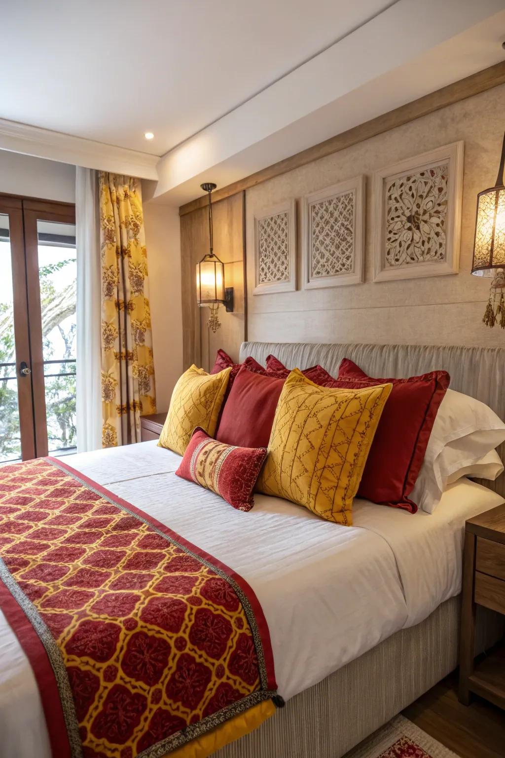 Decorative pillows in red and yellow add a cheerful touch to this bedroom.