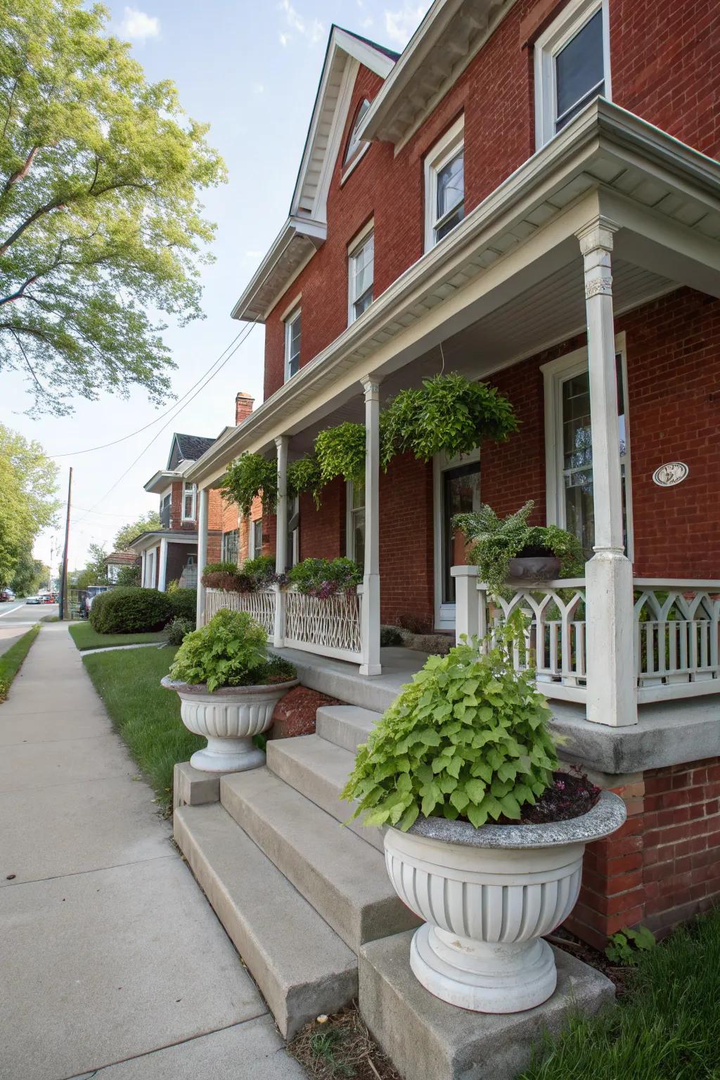 Harmonious plantings offer a balanced and inviting entrance to a red brick home.