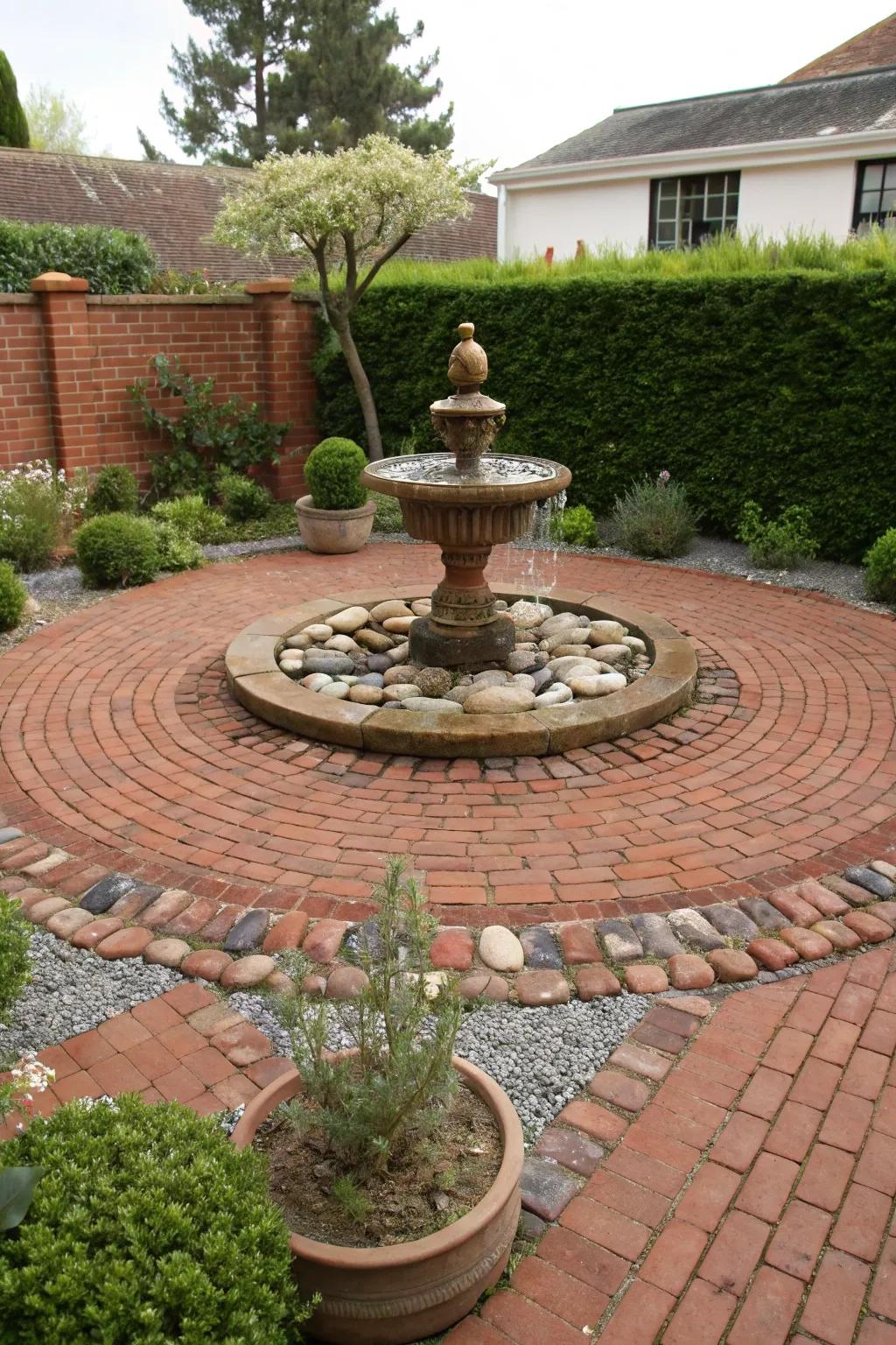 A peaceful red brick patio with a calming water feature
