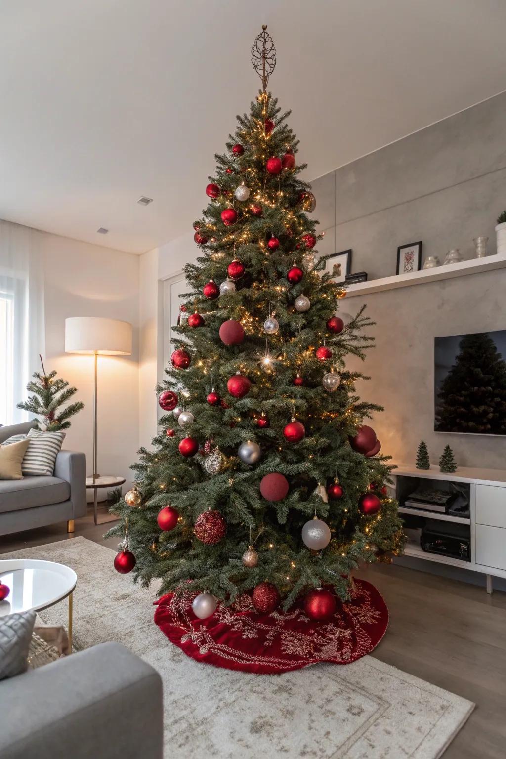 Stylish Christmas tree featuring scarlet accents and metallic shades