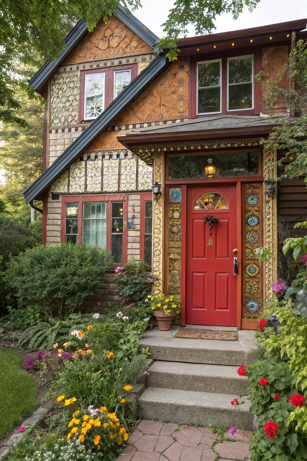 Eclectic home with a bold red door, celebrating individuality.