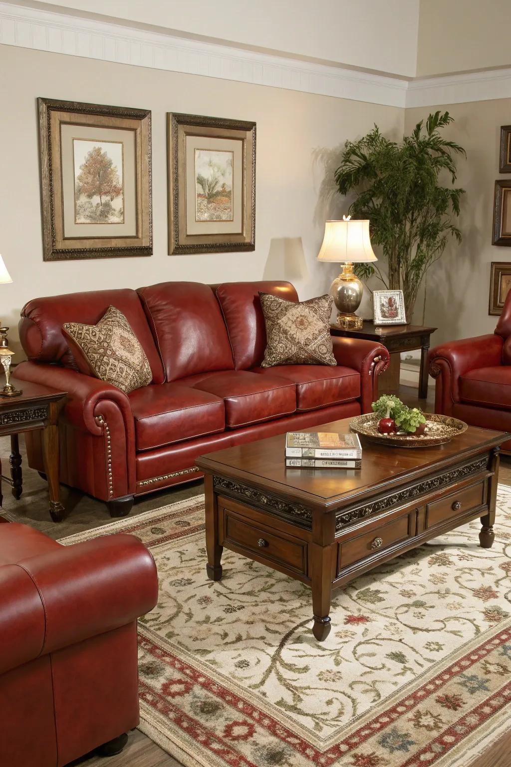 Unified decor bolsters harmony and balance within a space that features a crimson hide lounge.