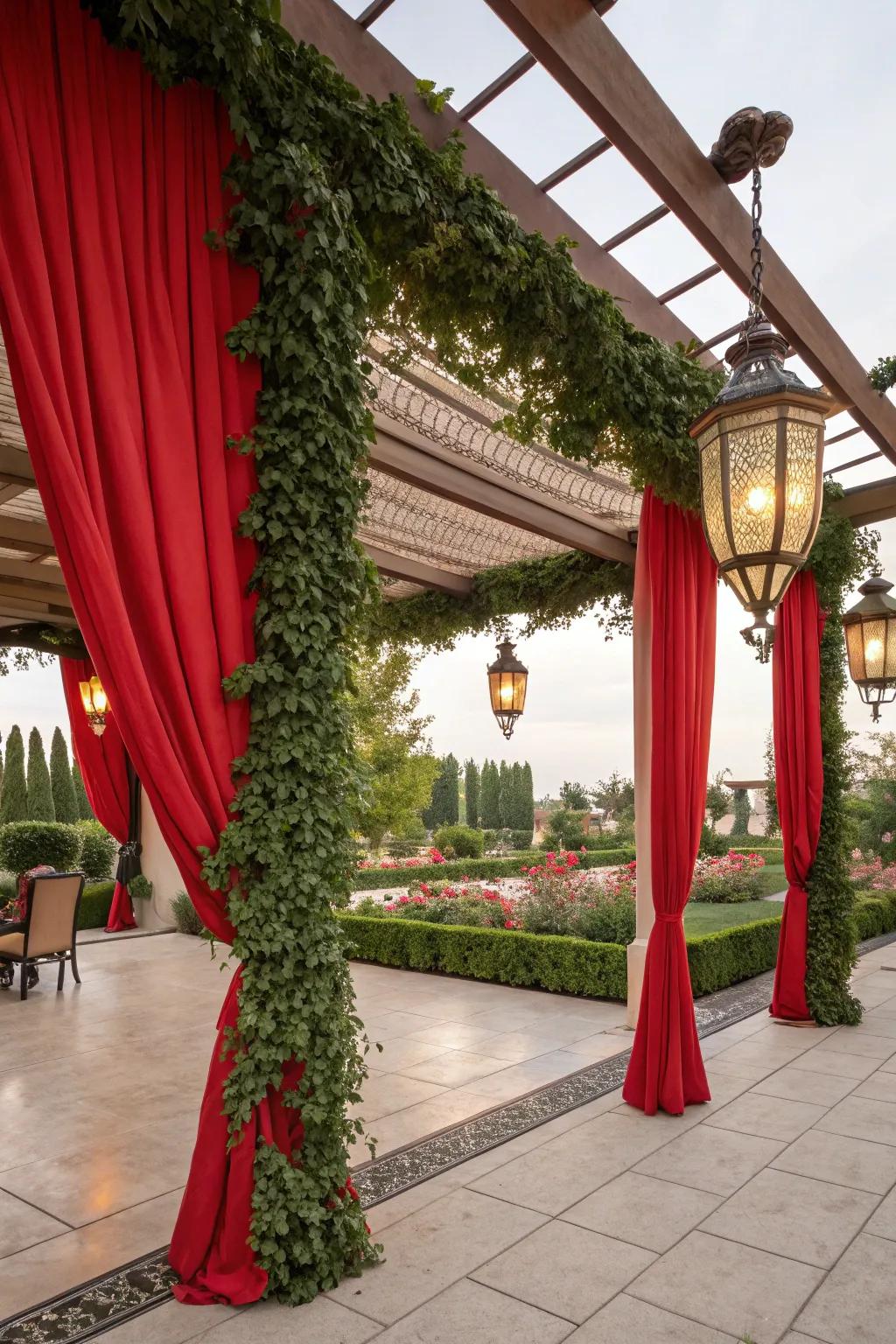 Scarlet sheer fabrics and lights boost the pergola's charm.