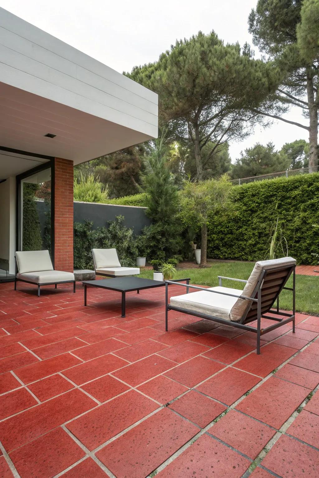 Understated design converges with the dynamic charm of crimson pavers.