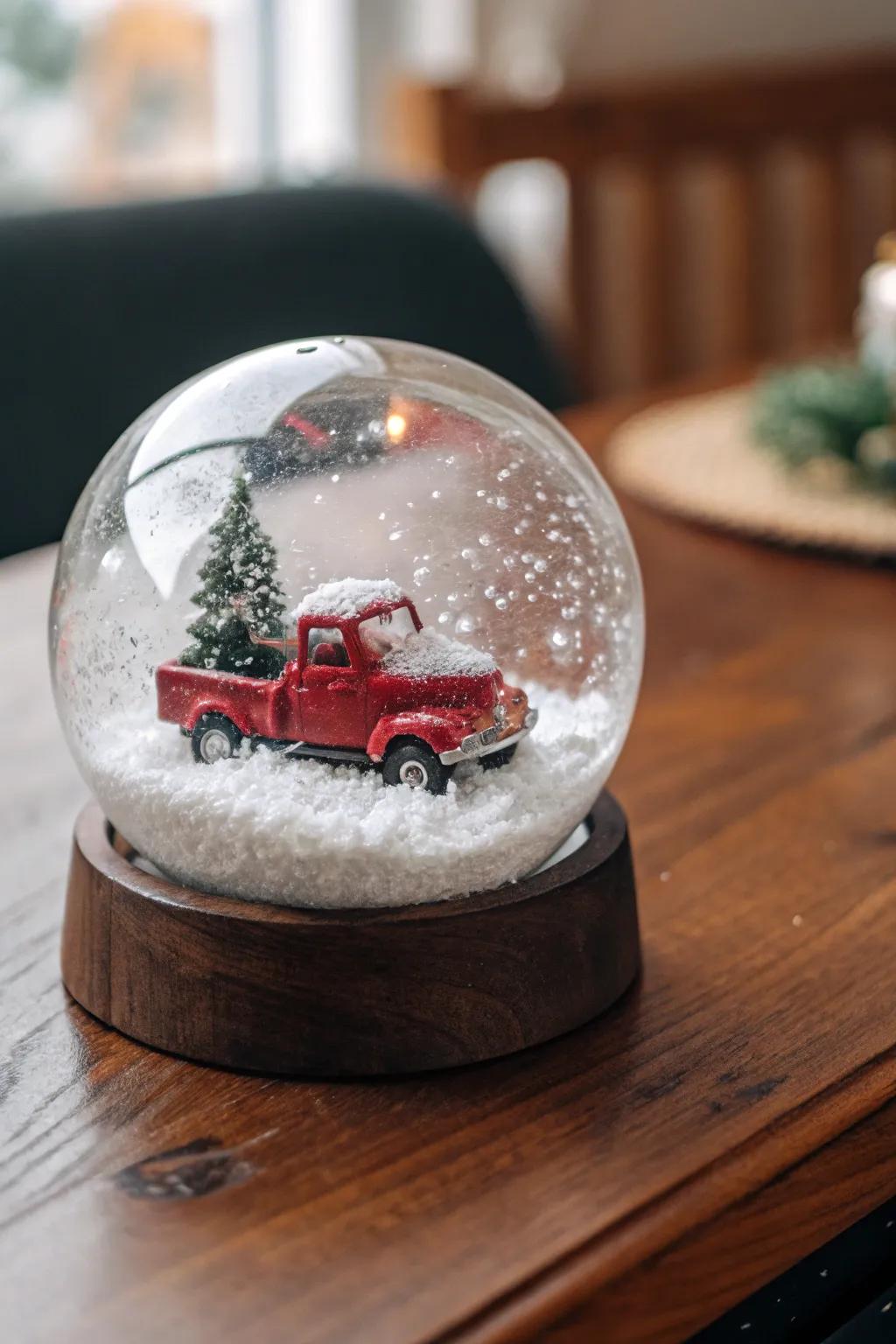 Charming DIY snow globe showcasing a red truck.