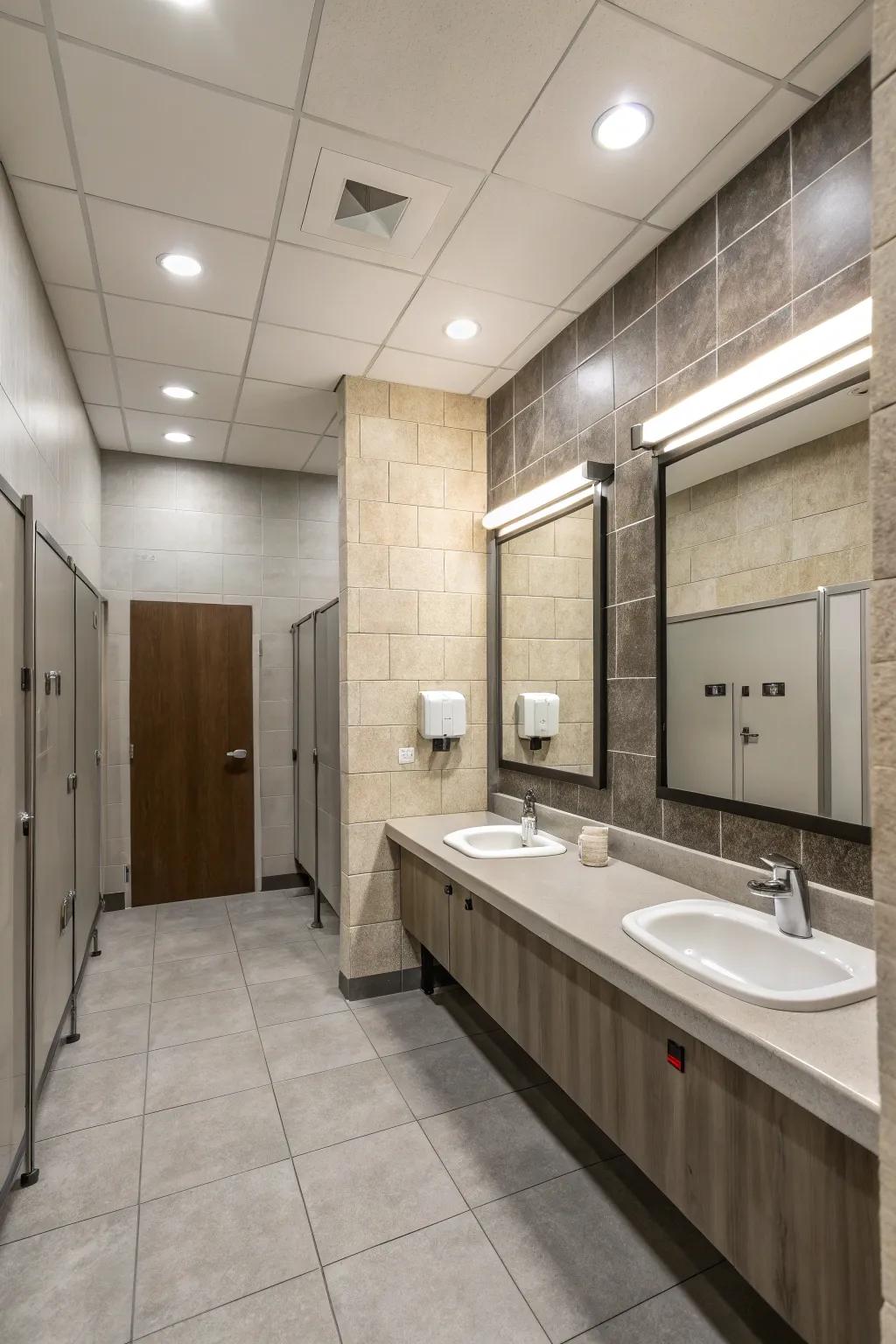 Neutral tones create a tranquil and inviting restroom.