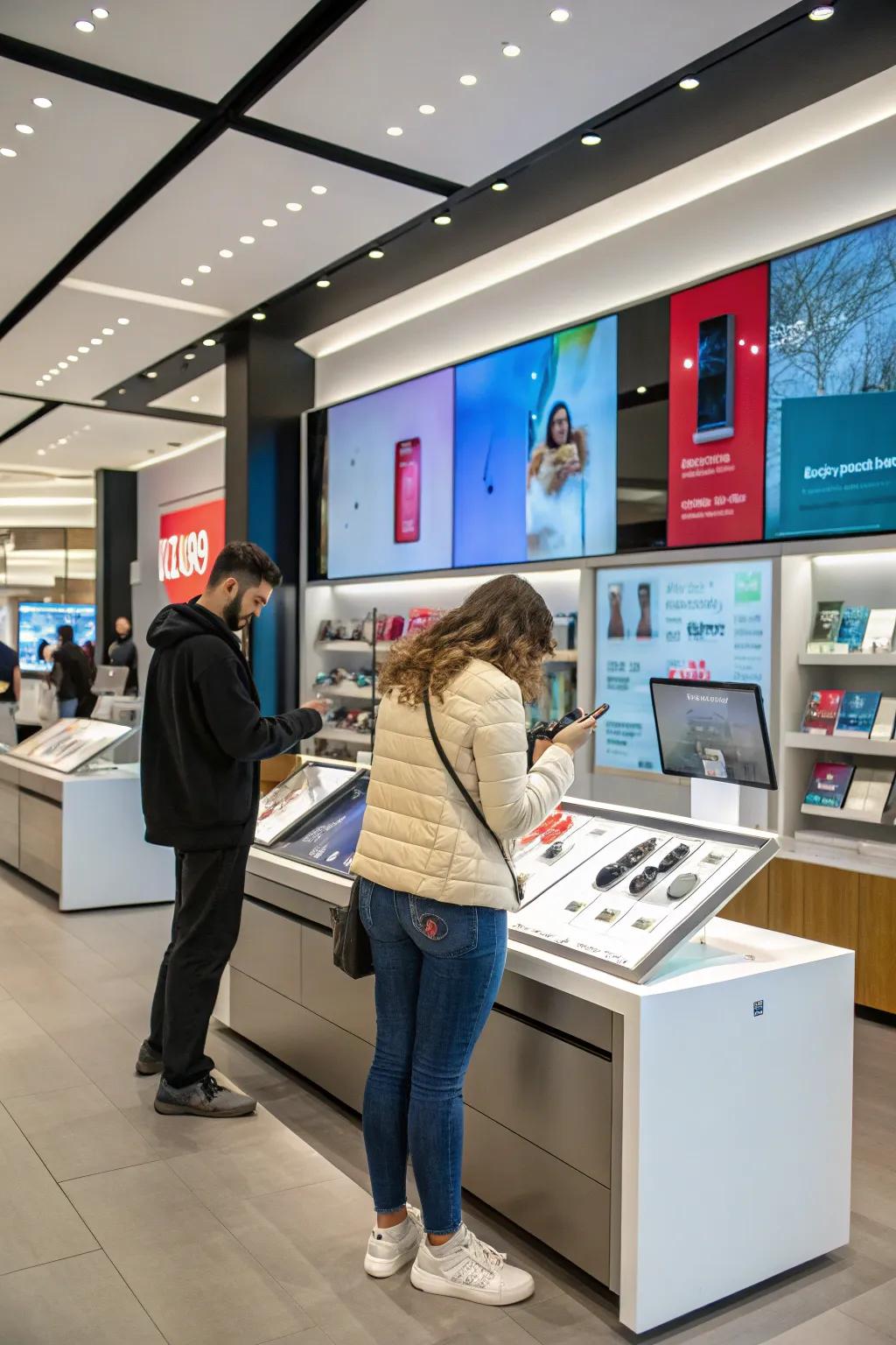 Interactive displays welcome customers to explore and participate.