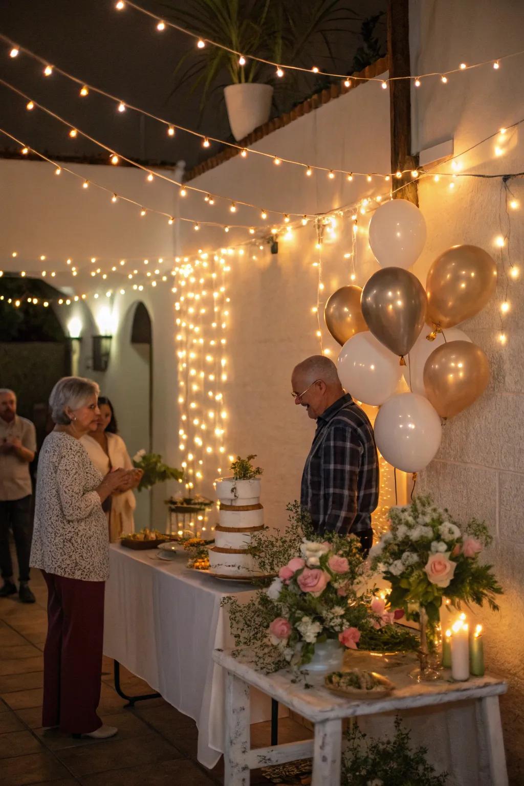 Soft lighting establishes a cozy and welcoming party setting.