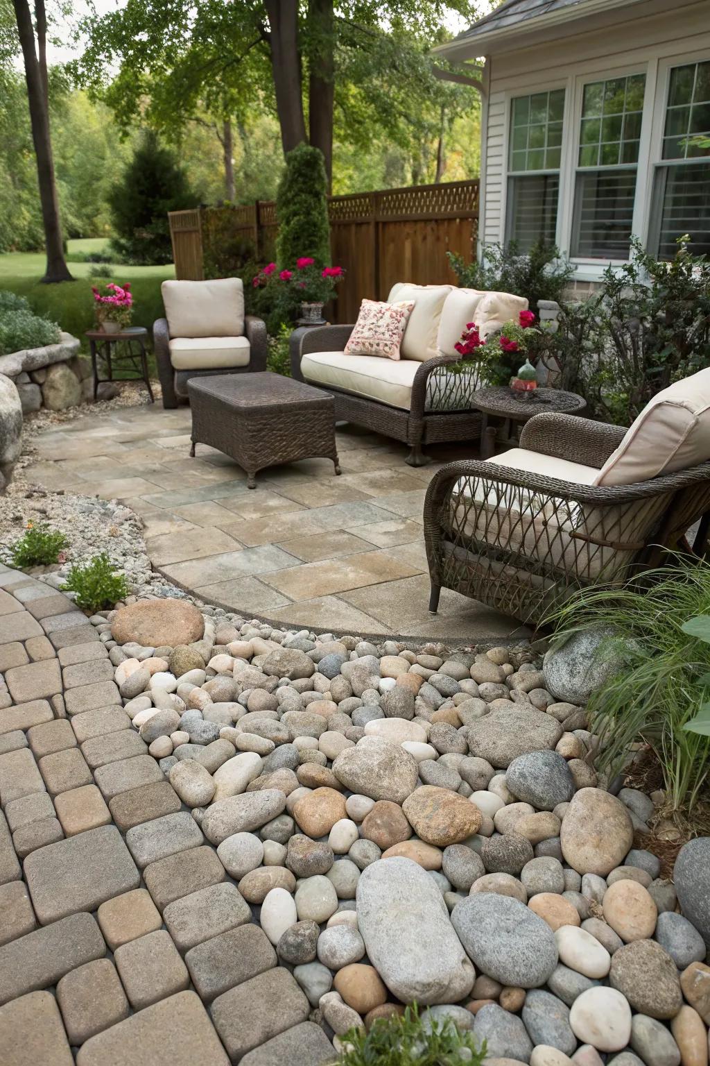 A textured patio made of river rocks offers a cozy spot for relaxation.