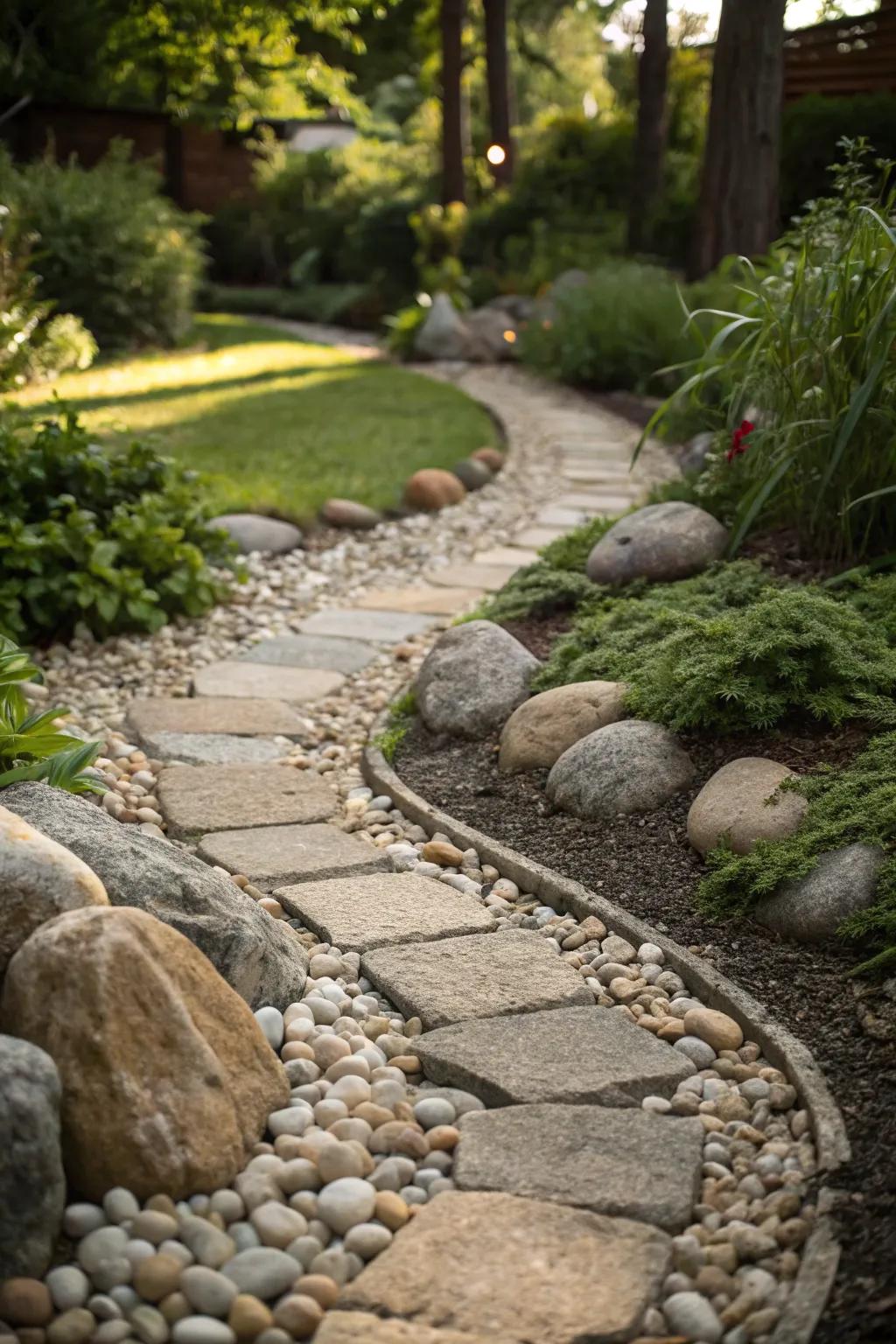 Gravels softly highlighting the edges of a garden walkway.