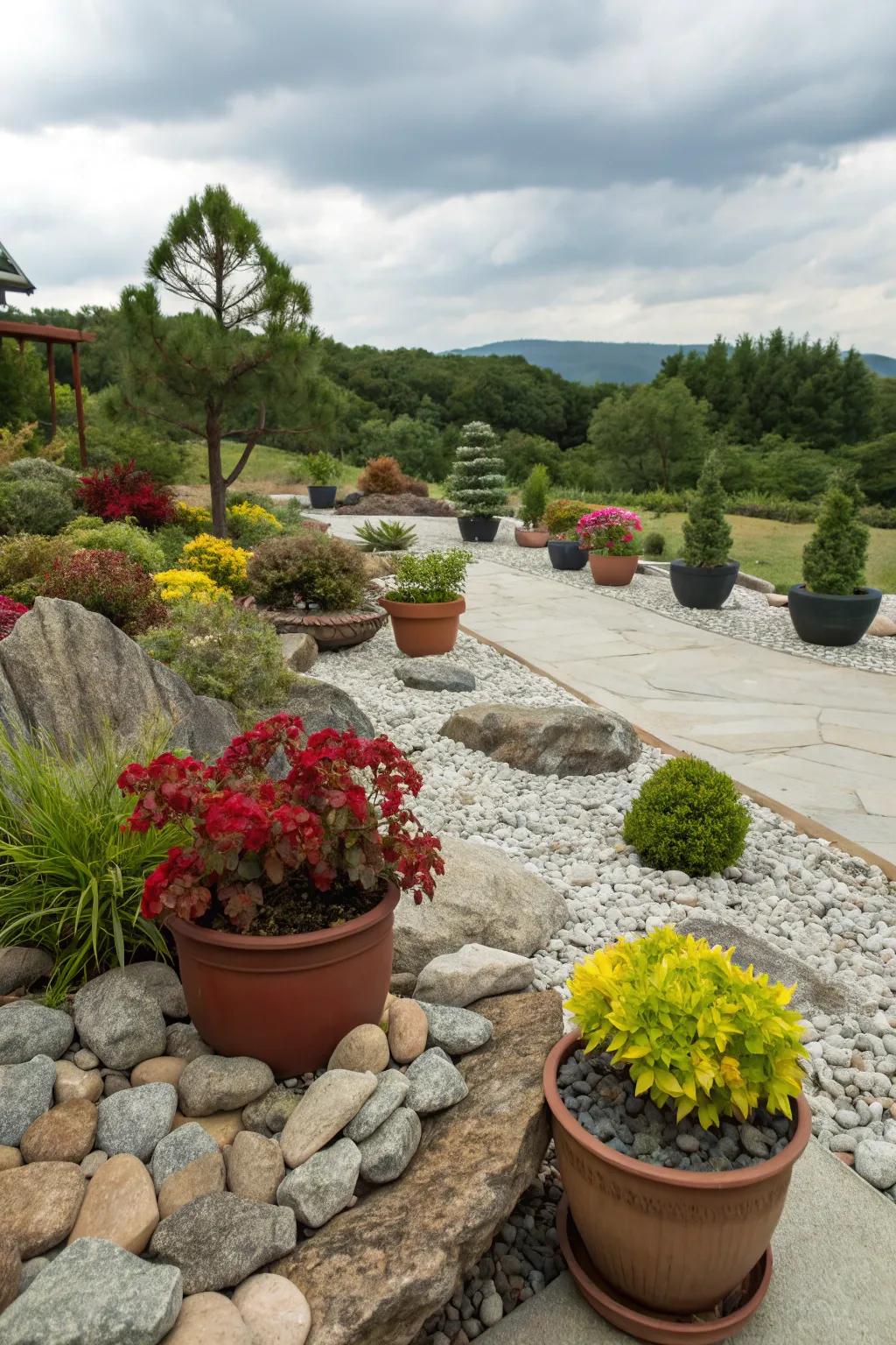 Potted flora introduces versatility and seasonal changes to a rock garden.