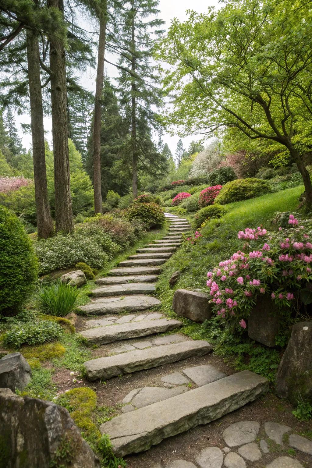 Elevated stone steps append dimension and a playful component to garden routes.