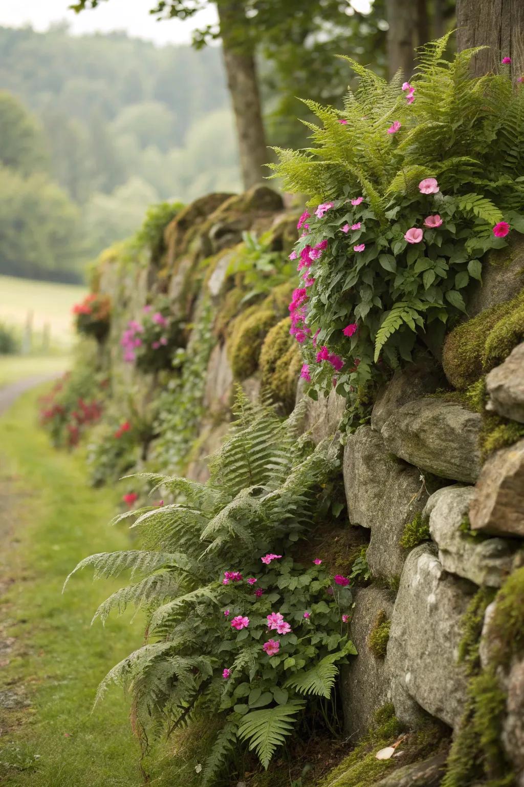 Stone walls amalgamated with greenery fabricate a seamless natural ambiance.