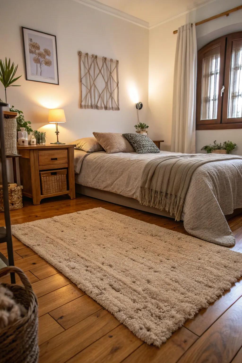 A soft rug enhances the cozy atmosphere of the bedroom.