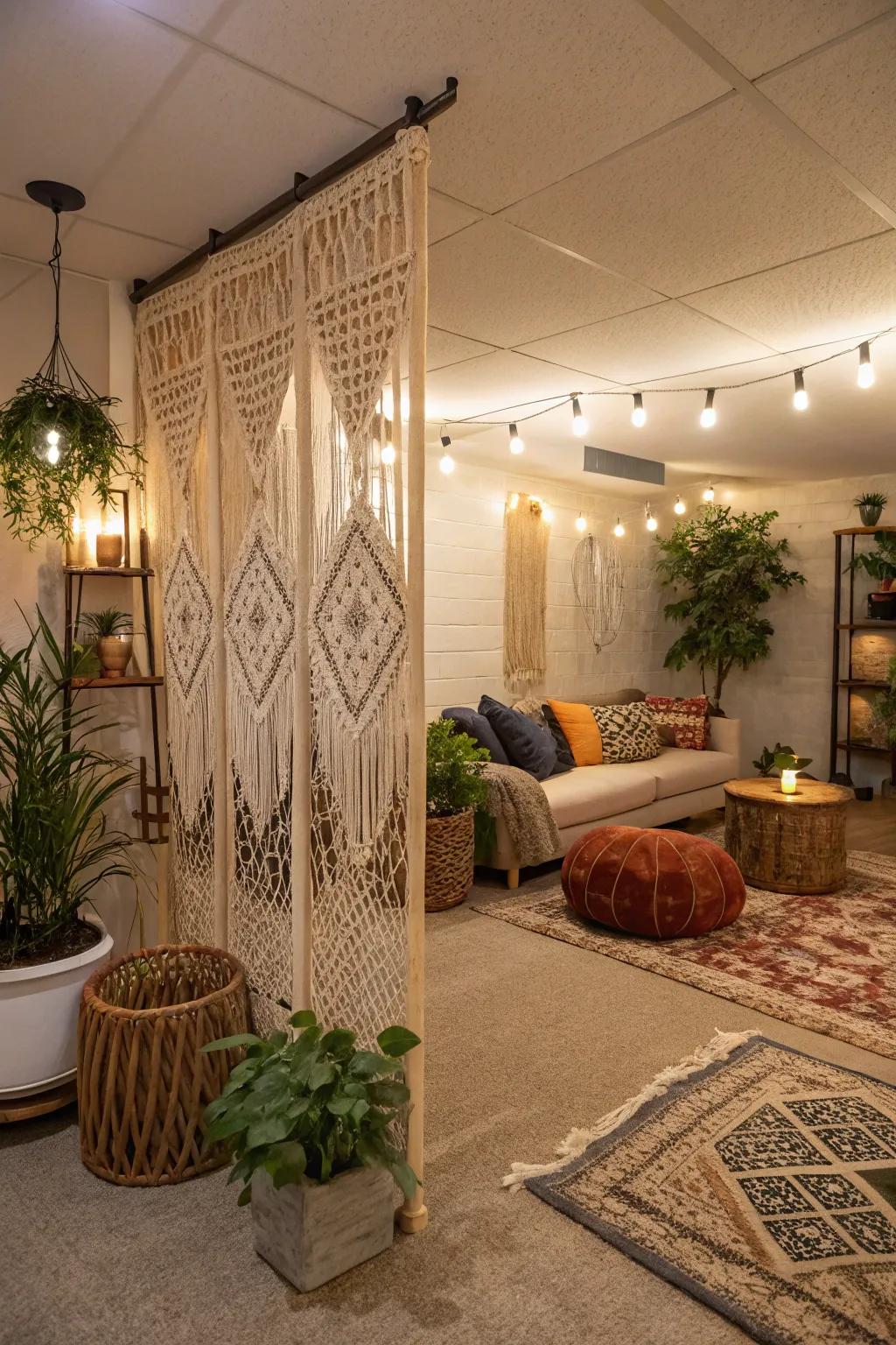 Knotted textile dividers bring an artistic and cozy flair to basements.
