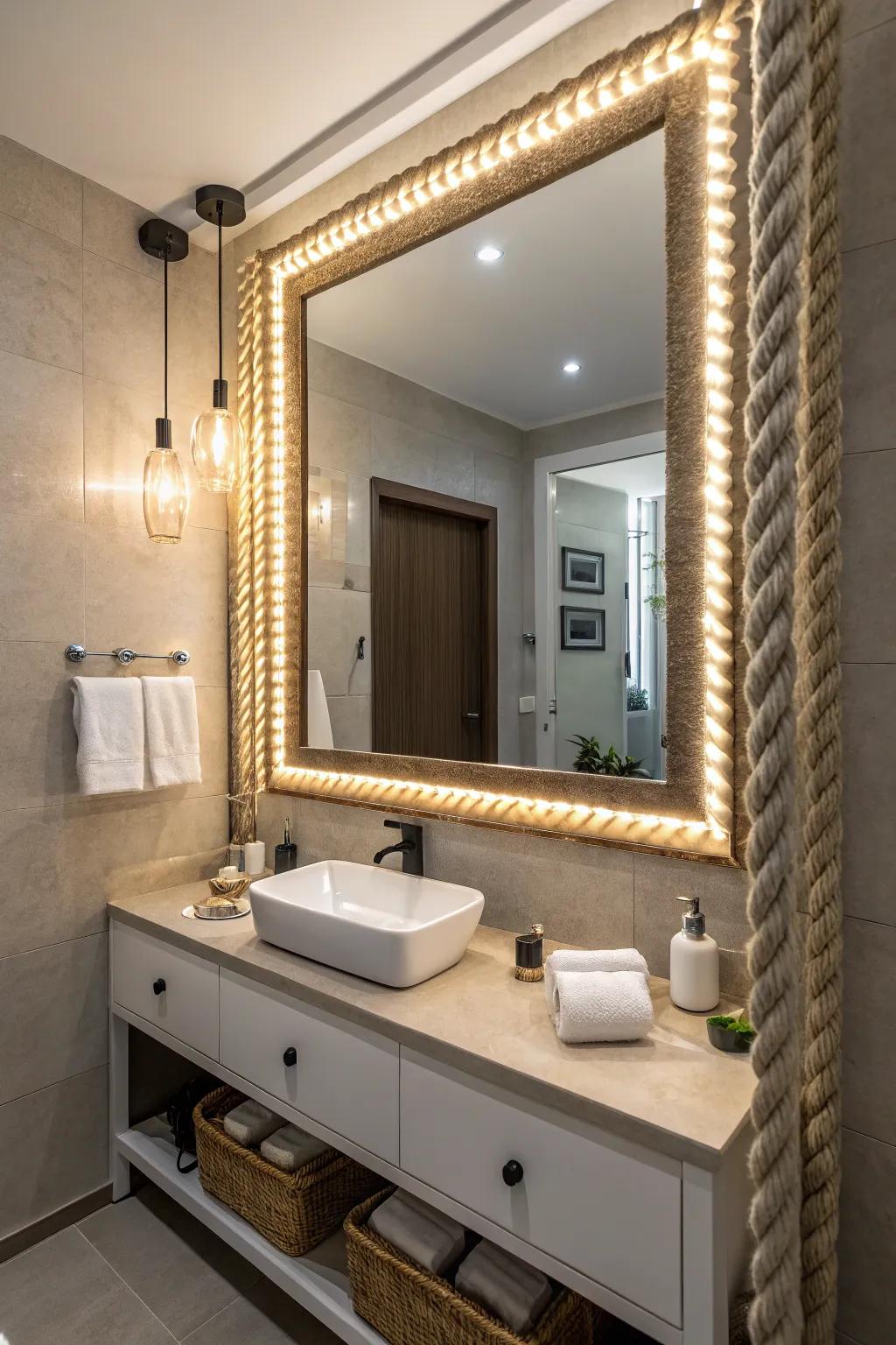 Frame your mirrors with ribbon lights for a glamorous look.