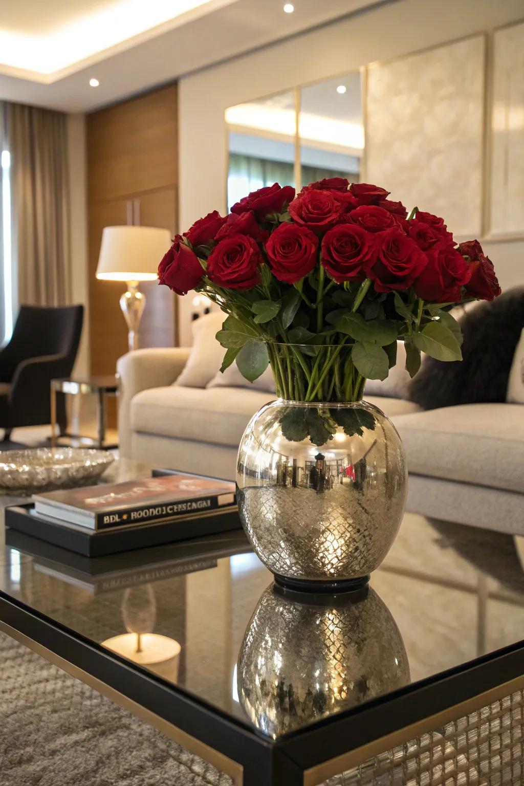 Spellbinding refractions arise from roses within a reflective vase.