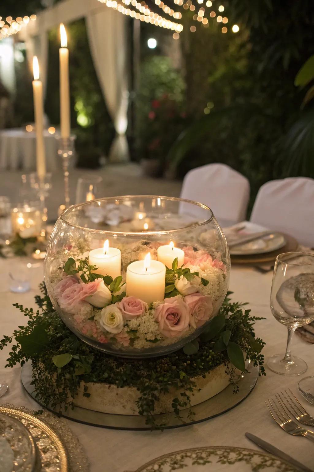 Glass containers fashion gorgeous and tasteful wedding centerpieces.