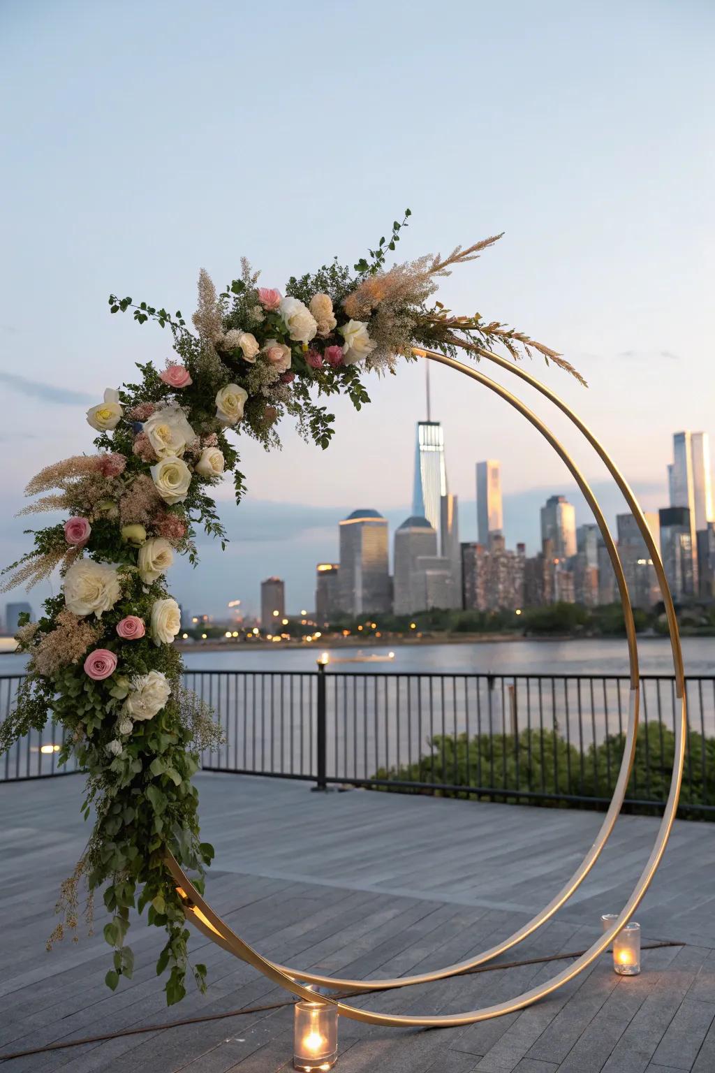A modern circular wedding arch with a metallic framework.