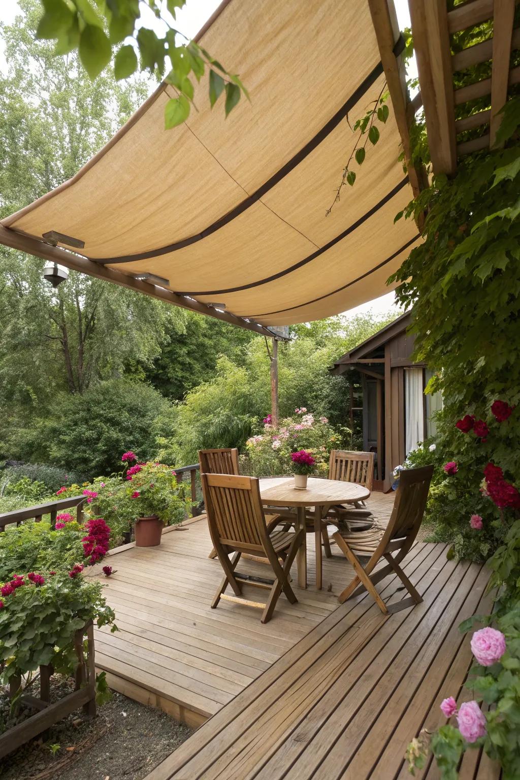 Canvas awnings add softness and adjustability.