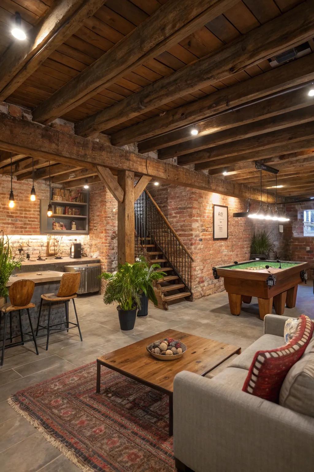 Open areas make a rustic basement versatile and generous.