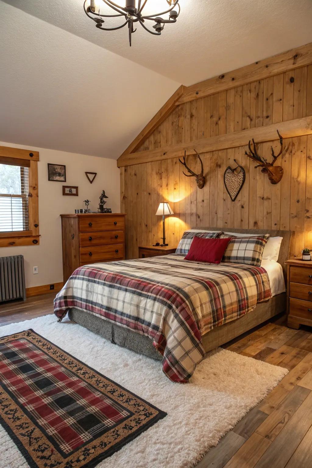 Horn ornamentation adds a wild, natural accent to countryside bedrooms.