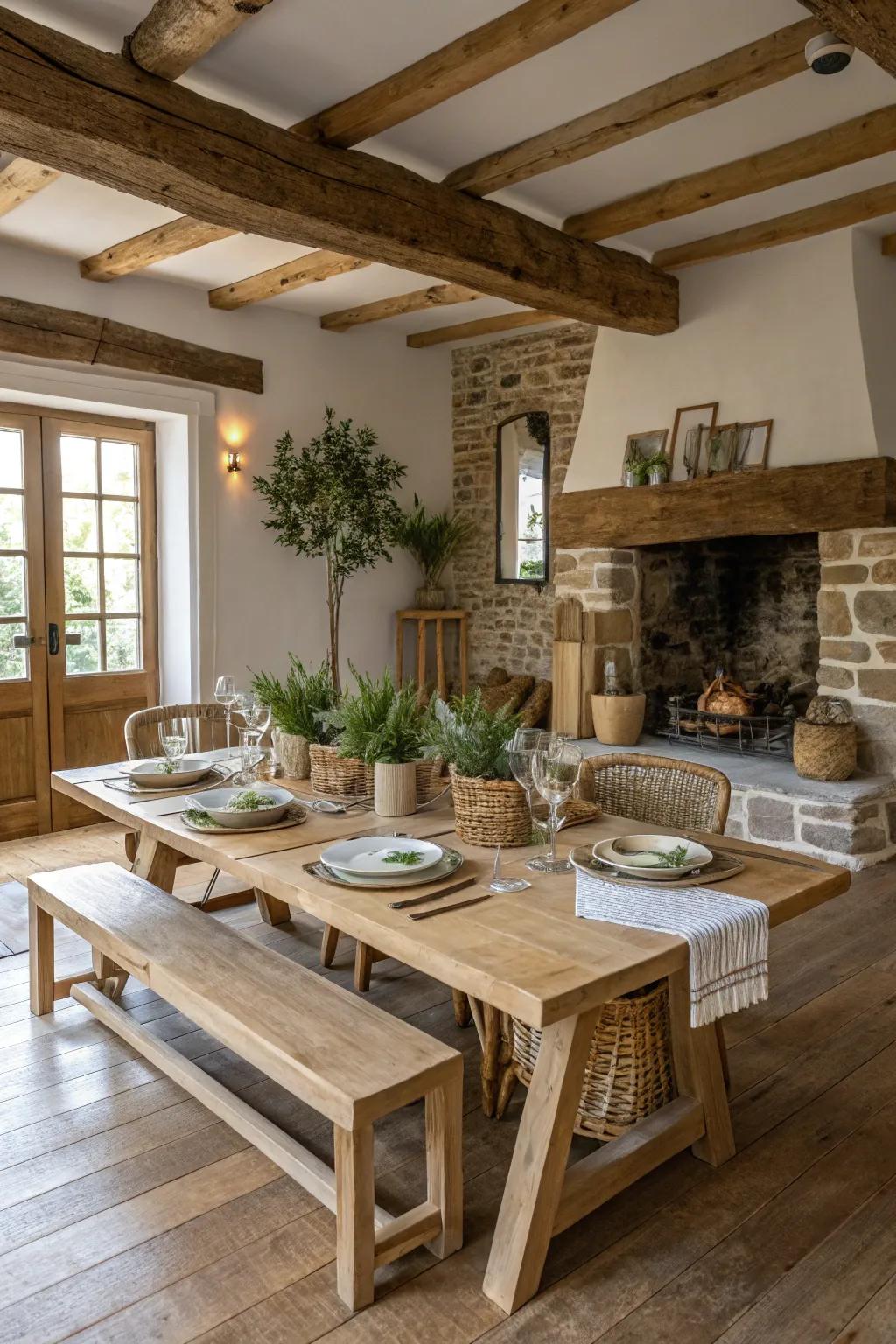 A country dining room centered around a farmhouse table.