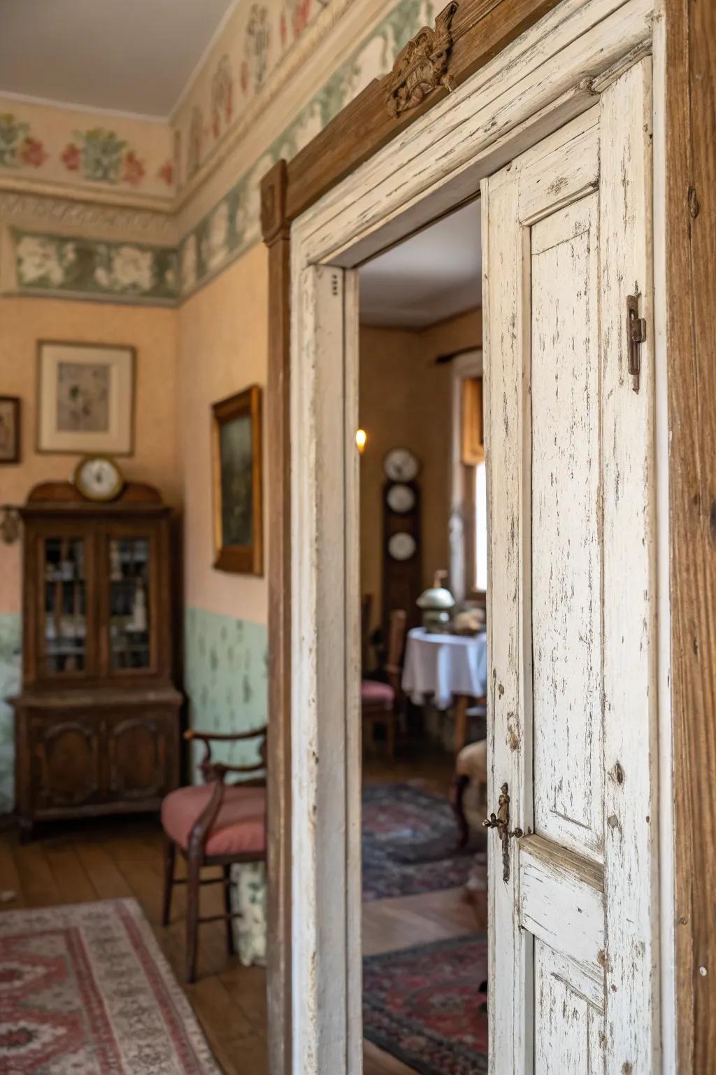 A textured entryway casing exhibiting a retro, weathered visual that contributes character.