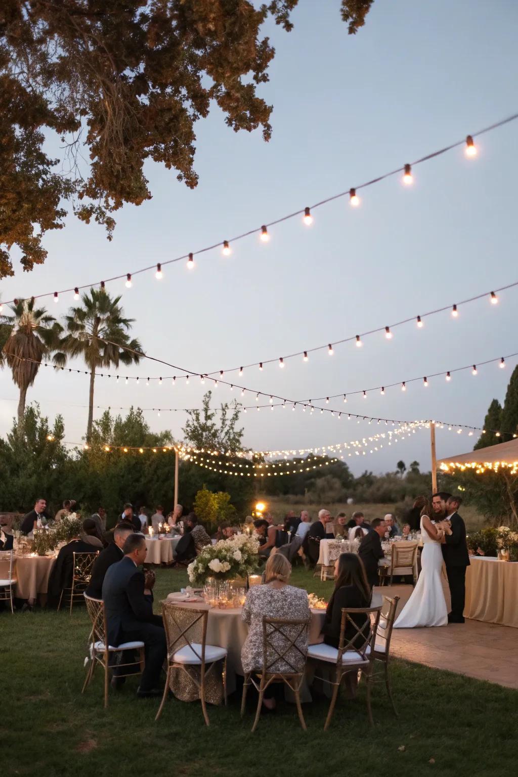 String lights set a cozy and romantic mood.