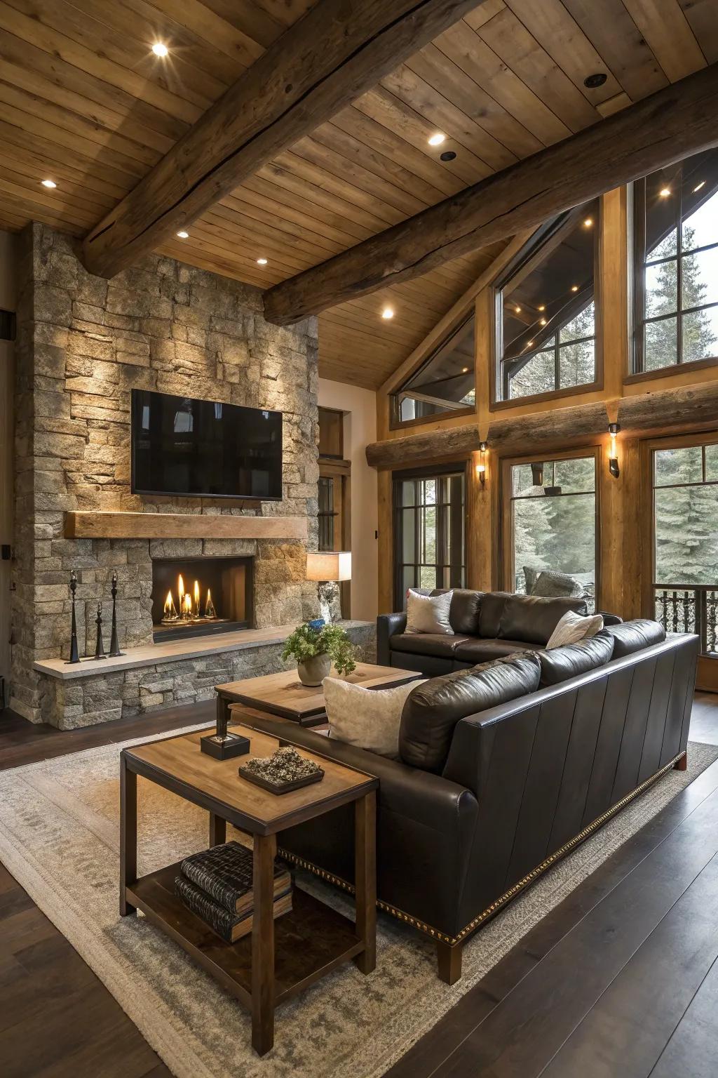 Textural contrast adds depth to this rustic family room.