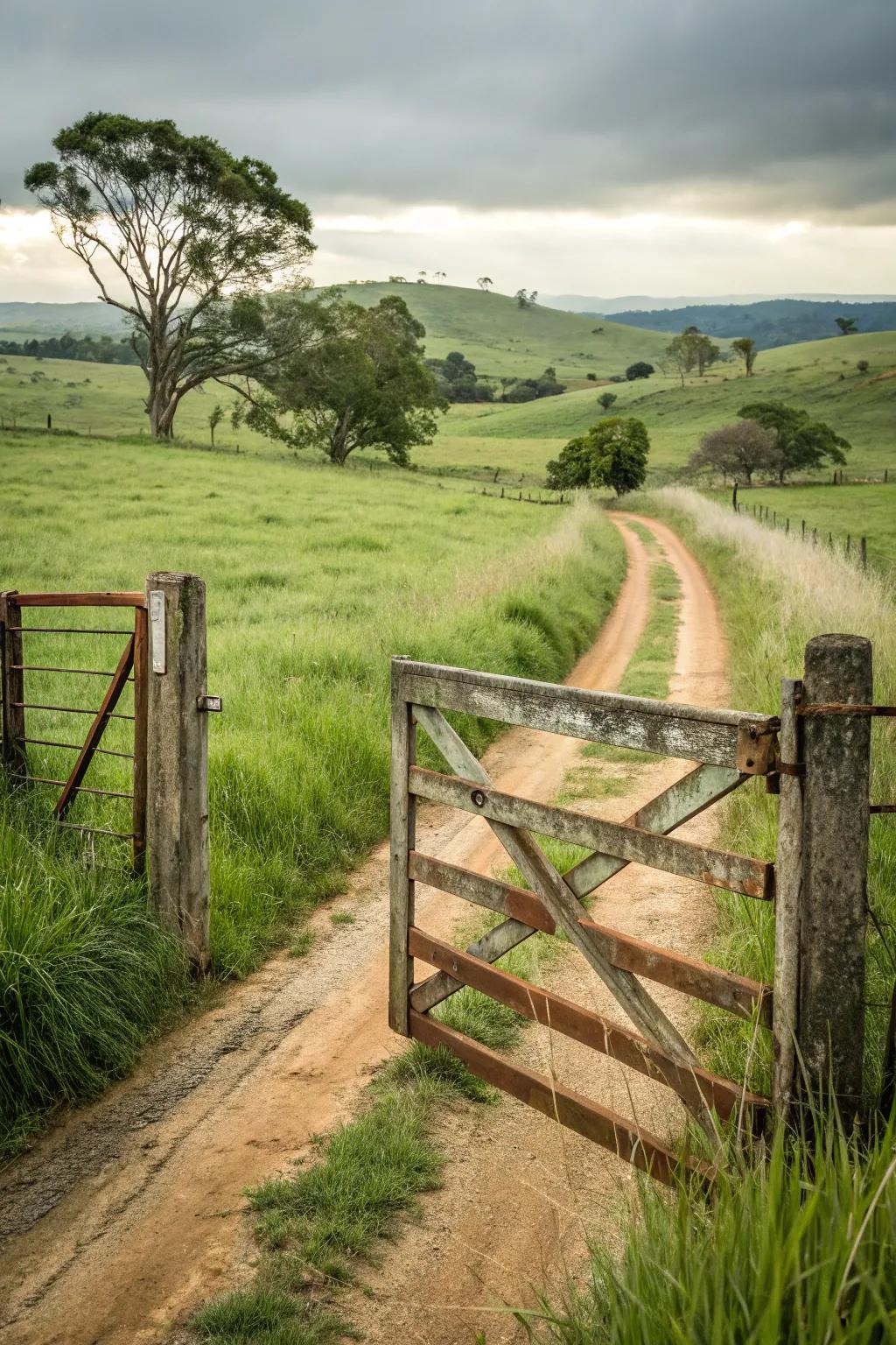 An elegant dual swivel portal at a farm entrance.