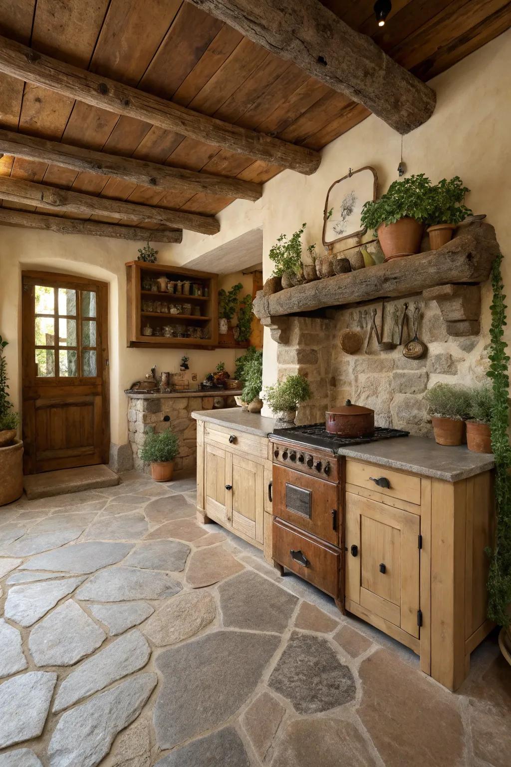 Flagstone flooring enriches natural charm in the kitchen.