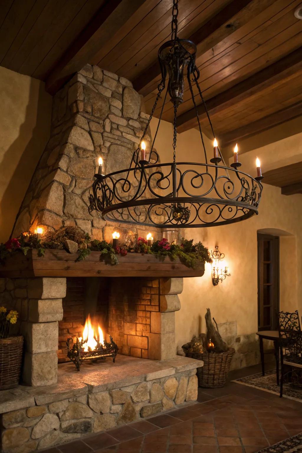 Country-style lighting enhances the warmth and charm of this fireplace setting.