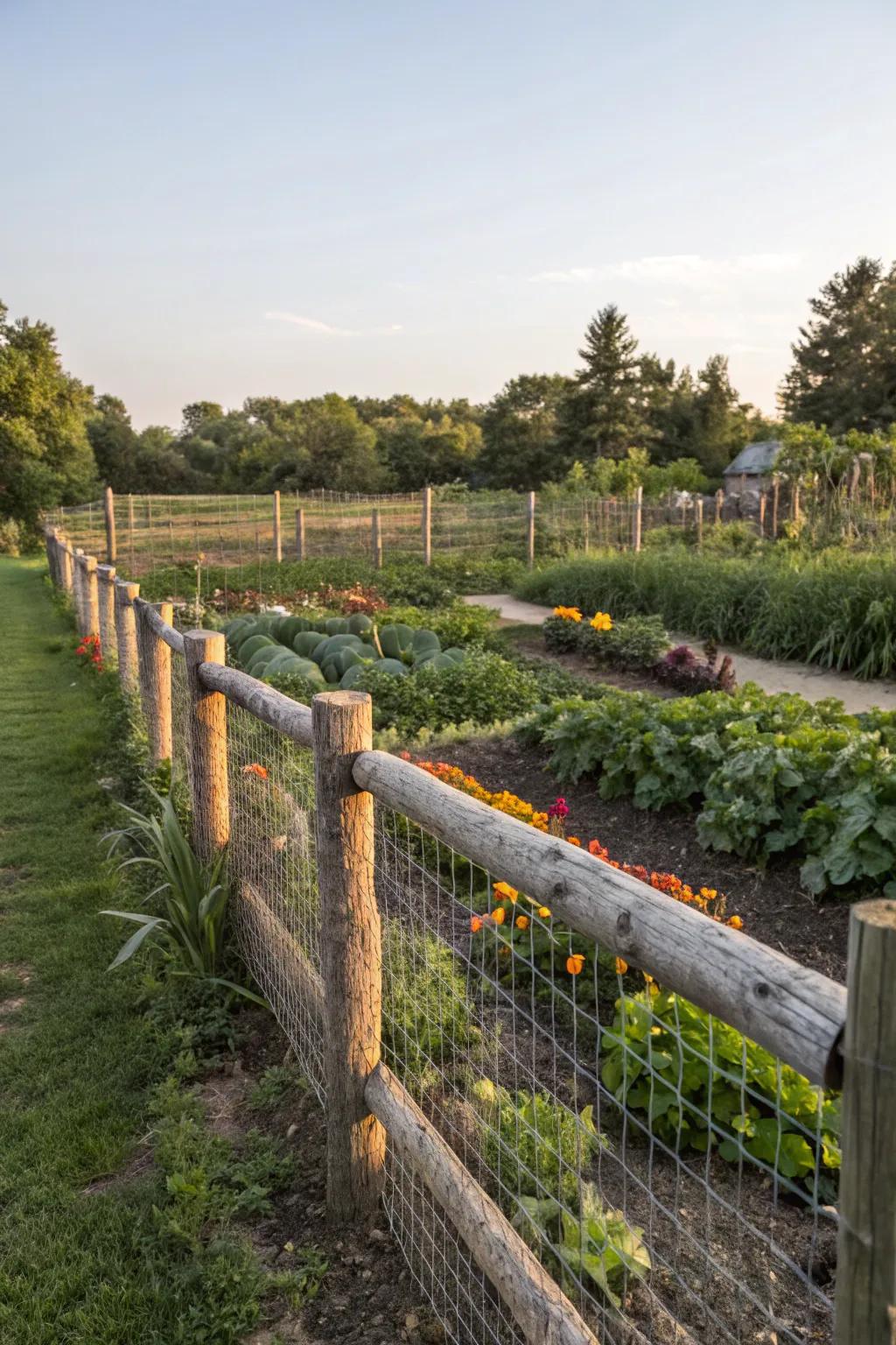 A timber boundary featuring wire netting safeguards a flourishing vegetable garden against wildlife.